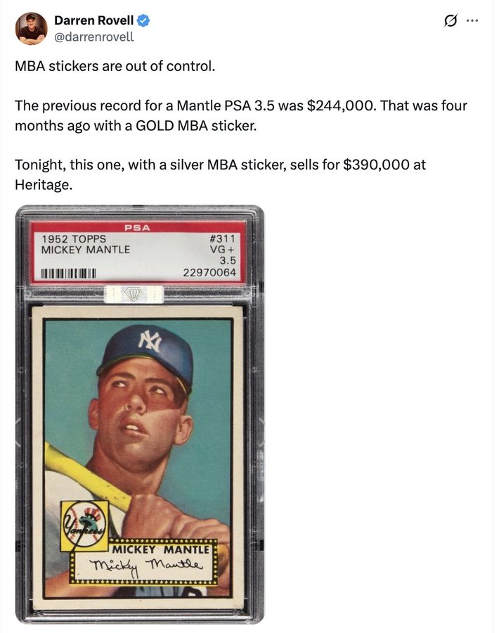 MBA stickers are out of control.

The previous record for a Mantle PSA 3.5 was $244,000. That was four months ago with a GOLD MBA sticker.

Tonight, this one, with a silver MBA sticker, sells for $390,000 at Heritage.