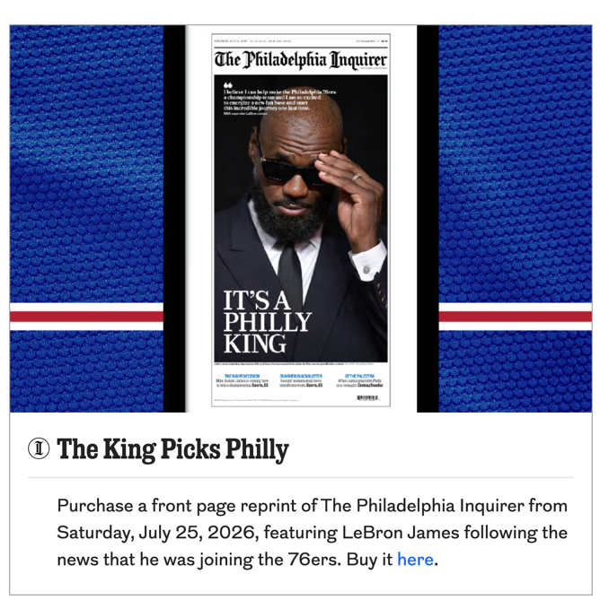 The Philadelphia Inquirer front-page reprint 'It's a Philly King' featuring LeBron James, framed by a Sixers jersey