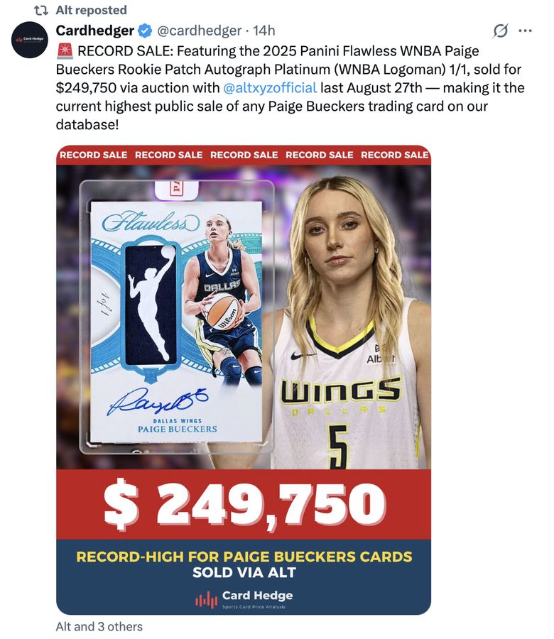 🚨 RECORD SALE: Featuring the 2025 Panini Flawless WNBA Paige Bueckers Rookie Patch Autograph Platinum (WNBA Logoman) 1/1, sold for $249,750 via auction with @altxyzofficial last August 27th — making it the current highest public sale of any Paige Bueckers trading card on our database!