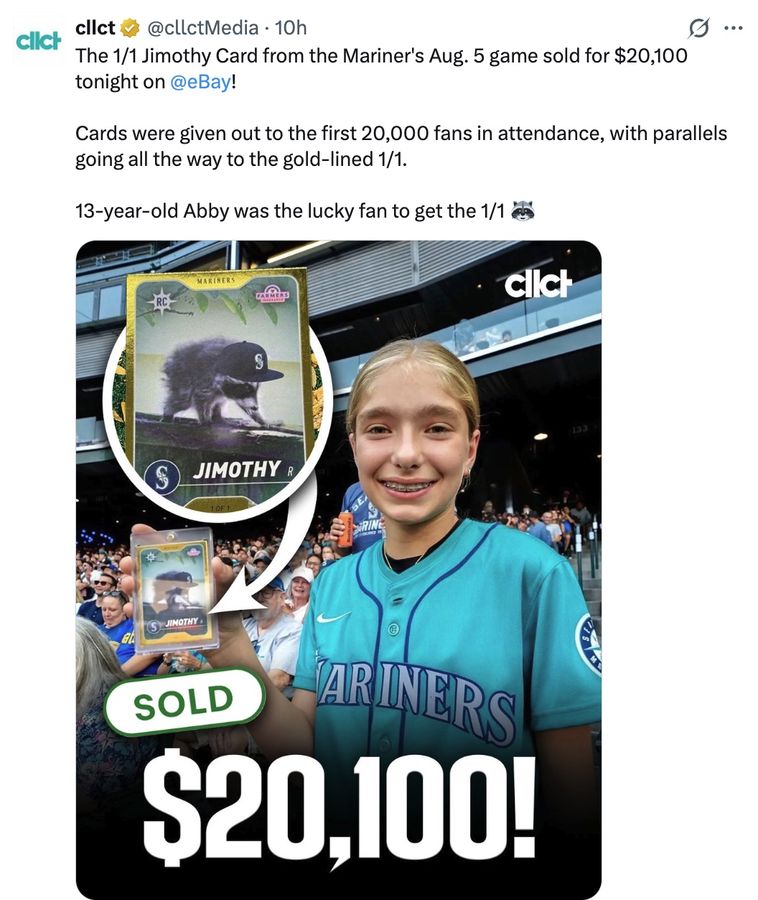 The 1/1 Jimothy Card from the Mariner's Aug. 5 game sold for $20,100 tonight on @eBay!

Cards were given out to the first 20,000 fans in attendance, with parallels going all the way to the gold-lined 1/1.

13-year-old Abby was the lucky fan to get the 1/1 🦝