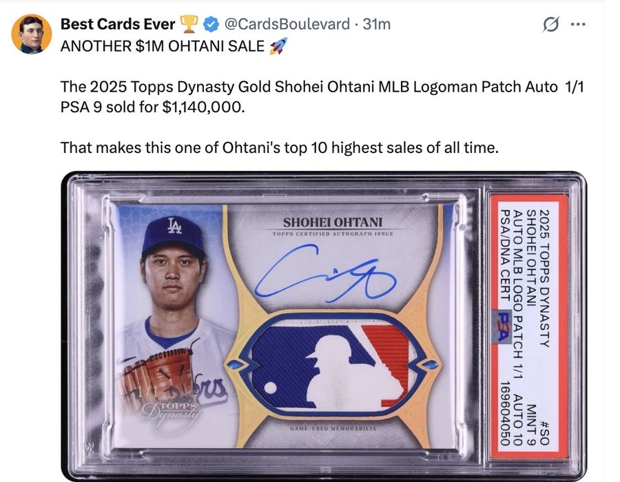 ANOTHER $1M OHTANI SALE 🚀

The 2025 Topps Dynasty Gold Shohei Ohtani MLB Logoman Patch Auto 1/1 PSA 9 sold for $1,140,000.

That makes this one of Ohtani's top 10 highest sales of all time.