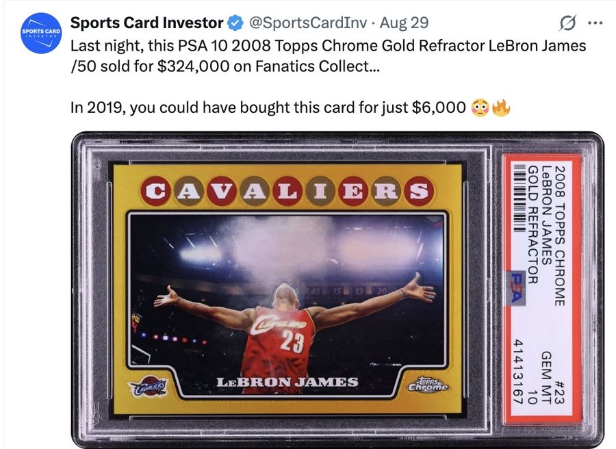 Last night, this PSA 10 2008 Topps Chrome Gold Refractor LeBron James /50 sold for $324,000 on Fanatics Collect…

In 2019, you could have bought this card for just $6,000 😳🔥