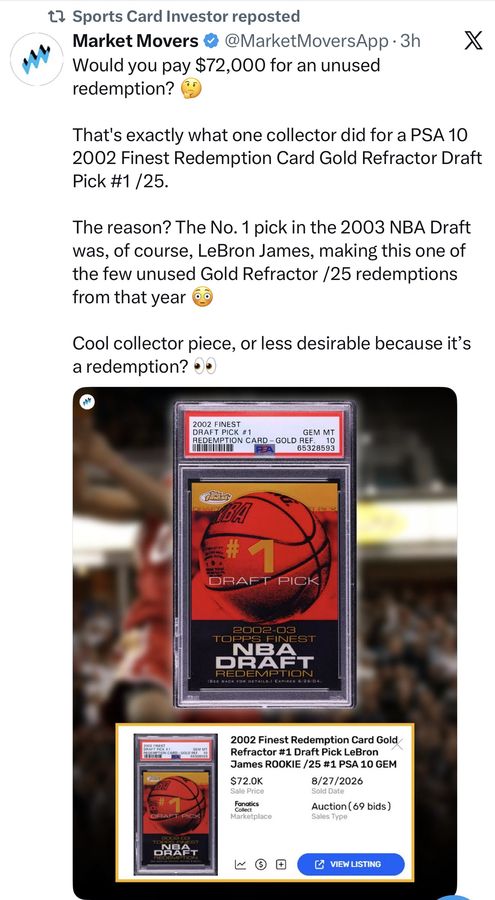 Would you pay $72,000 for an unused redemption? 

That's exactly what one collector did for a PSA 10 2002 Finest Redemption Card Gold Refractor Draft Pick #1 /25.

The reason? The No. 1 pick in the 2003 NBA Draft was, of course, LeBron James, making this one of the few unused Gold Refractor /25 redemptions from that year 

Cool collector piece, or less desirable because it's a redemption?