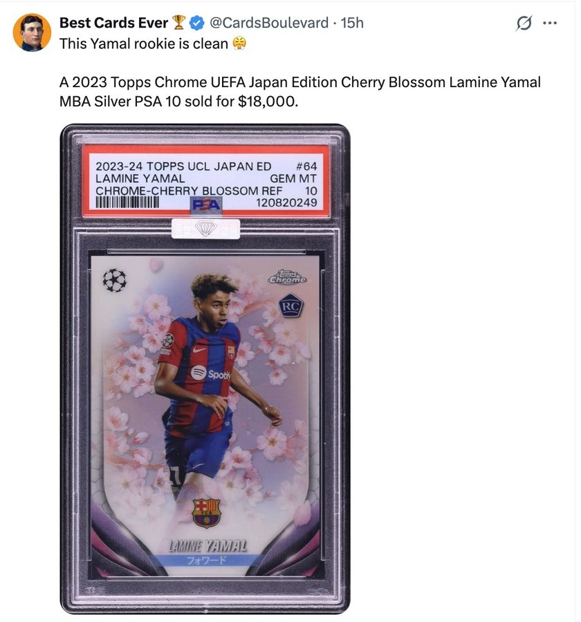 This Yamal rookie is clean 😤

A 2023 Topps Chrome UEFA Japan Edition Cherry Blossom Lamine Yamal MBA Silver PSA 10 sold for $18,000.