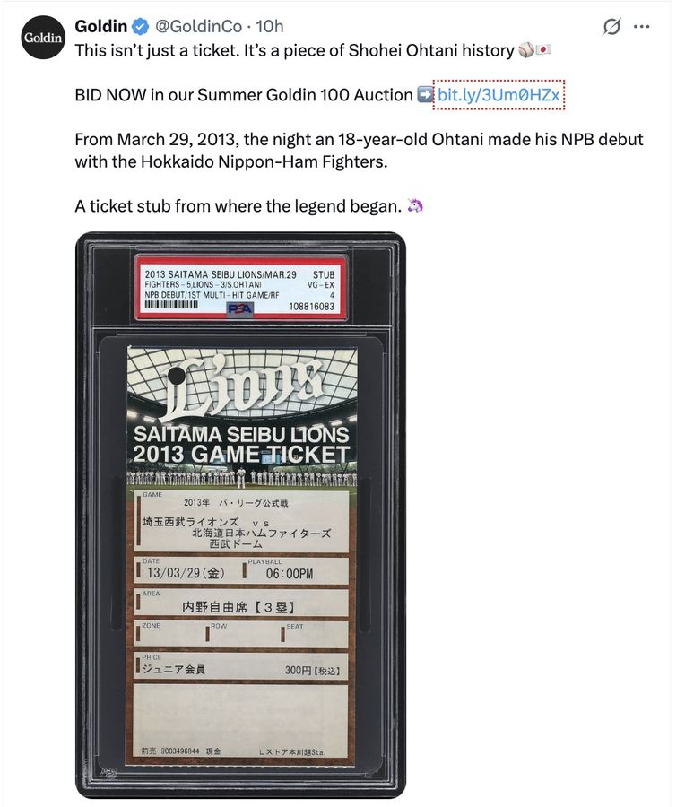 This isn’t just a ticket. It’s a piece of Shohei Ohtani history ⚾️🇯🇵

BID NOW in our Summer Goldin 100 Auction ➡️ bit.ly/3Um0HZx

From March 29, 2013, the night an 18-year-old Ohtani made his NPB debut with the Hokkaido Nippon-Ham Fighters.

A ticket stub from where the legend began. 🦄
