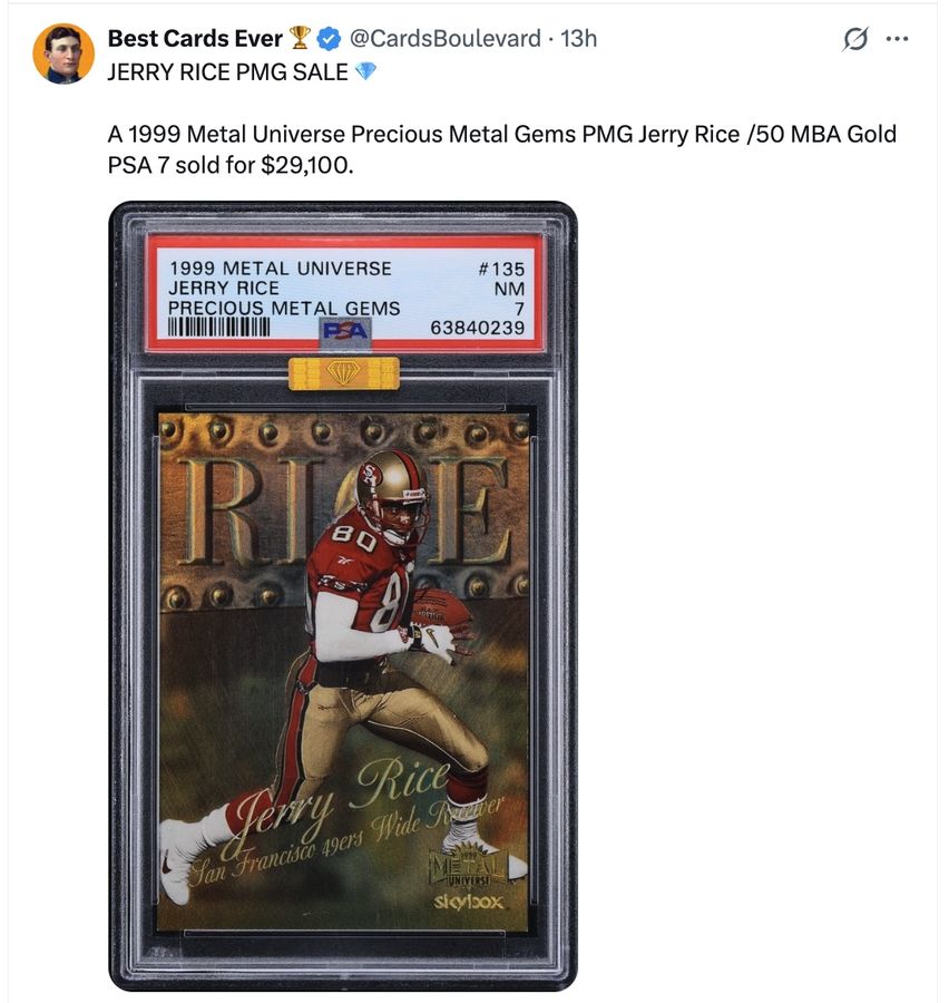 JERRY RICE PMG SALE 💎

A 1999 Metal Universe Precious Metal Gems PMG Jerry Rice /50 MBA Gold PSA 7 sold for $29,100.