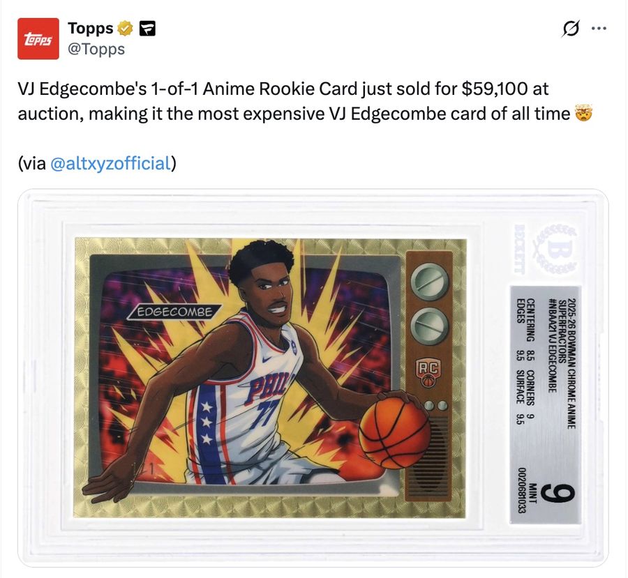 VJ Edgecombe's 1-of-1 Anime Rookie Card just sold for $59,100 at auction, making it the most expensive VJ Edgecombe card of all time 🤯

(via @altxyzofficial)