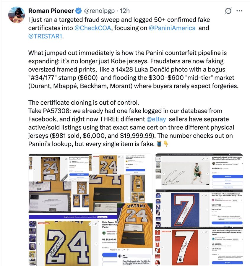I just ran a targeted fraud sweep and logged 50+ confirmed fake certificates into @CheckCOA, focusing on @PaniniAmerica and @TRISTAR1.

What jumped out immediately is how the Panini counterfeit pipeline is expanding: it's no longer just Kobe jerseys. Fraudsters are now faking oversized framed prints, like a 14x28 Luka Doncic photo with a bogus "#34/177" stamp ($600) and flooding the $300-$600 "mid-tier" market (Durant, Mbappe, Beckham, Morant) where buyers rarely expect forgeries.

The certificate cloning is out of control.
Take PA57308: we already had one fake logged in our database from Facebook, and right now THREE different @eBay sellers have separate active/sold listings using that exact same cert on three different physical jerseys ($981 sold, $6,000, and $19,999.99). The number checks out on Panini's lookup, but every single item is fake.