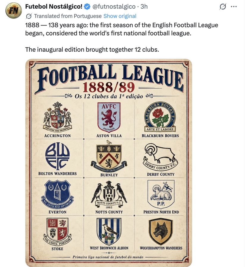 1888 — 138 years ago: the first season of the English Football League began, considered the world's first national football league.

The inaugural edition brought together 12 clubs.