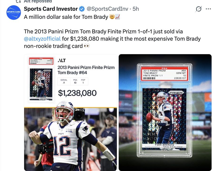 A million dollar sale for Tom Brady 🤯📈

The 2013 Panini Prizm Tom Brady Finite Prizm 1-of-1 just sold via @altxyzofficial for $1,238,080 making it the most expensive Tom Brady non-rookie trading card 👀