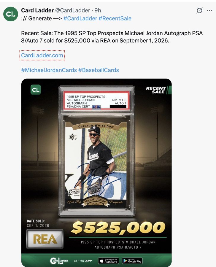:// Generate —> #CardLadder #RecentSale

Recent Sale: The 1995 SP Top Prospects Michael Jordan Autograph PSA 8/Auto 7 sold for $525,000 via REA on September 1, 2026.

CardLadder.com

#MichaelJordanCards #BaseballCards