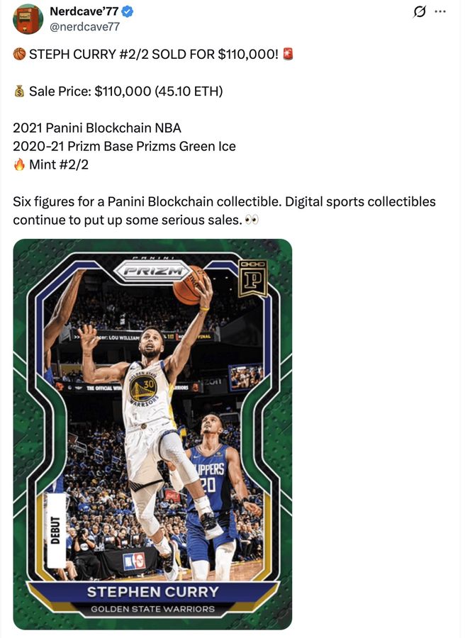 🏀 STEPH CURRY #2/2 SOLD FOR $110,000! 🚨

💰 Sale Price: $110,000 (45.10 ETH)

2021 Panini Blockchain NBA
2020-21 Prizm Base Prizms Green Ice
🔥 Mint #2/2

Six figures for a Panini Blockchain collectible. Digital sports collectibles continue to put up some serious sales. 👀