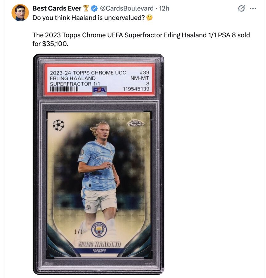 Do you think Haaland is undervalued? 🤔

The 2023 Topps Chrome UEFA Superfractor Erling Haaland 1/1 PSA 8 sold for $35,100.