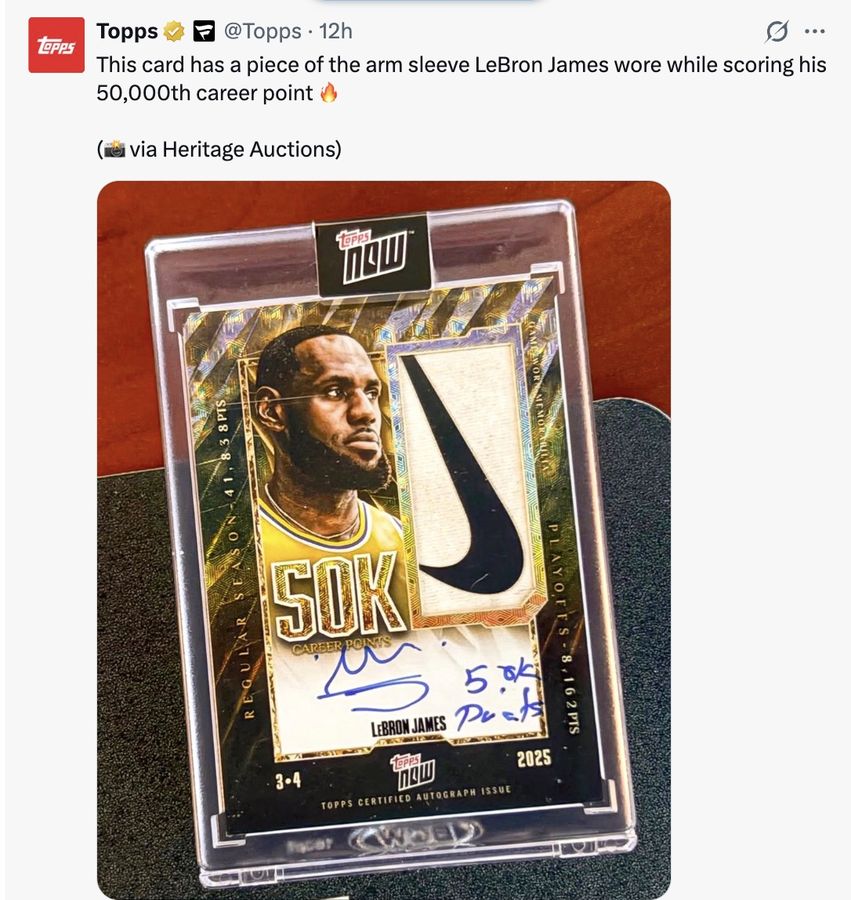 This card has a piece of the arm sleeve LeBron James wore while scoring his 50,000th career point 🔥

(📸 via Heritage Auctions)