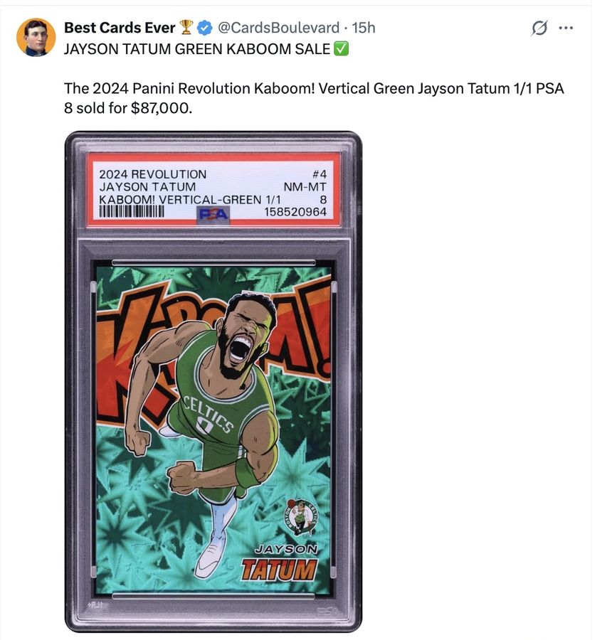 JAYSON TATUM GREEN KABOOM SALE ✅

The 2024 Panini Revolution Kaboom! Vertical Green Jayson Tatum 1/1 PSA 8 sold for $87,000.