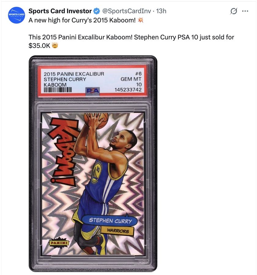A new high for Curry's 2015 Kaboom! 💥

This 2015 Panini Excalibur Kaboom! Stephen Curry PSA 10 just sold for $35.0K 🤯