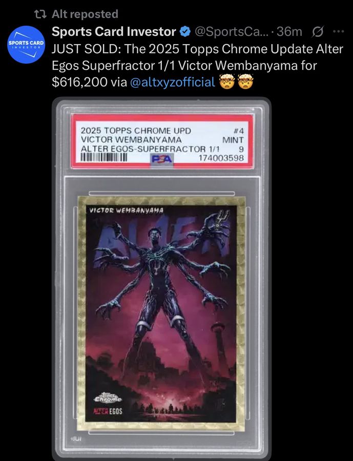 JUST SOLD: The 2025 Topps Chrome Update Alter Egos Superfractor 1/1 Victor Wembanyama for $616,200 via @altxyzofficial 🤯🤯