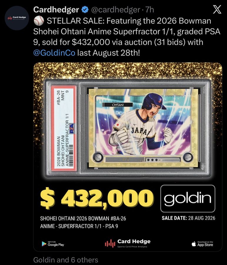 ⚾ STELLAR SALE: Featuring the 2026 Bowman Shohei Ohtani Anime Superfractor 1/1, graded PSA 9, sold for $432,000 via auction (31 bids) with @GoldinCo last August 28th!