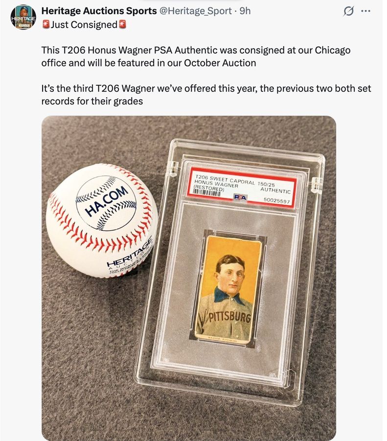 🚨Just Consigned🚨

This T206 Honus Wagner PSA Authentic was consigned at our Chicago office and will be featured in our October Auction

It's the third T206 Wagner we've offered this year, the previous two both set records for their grades