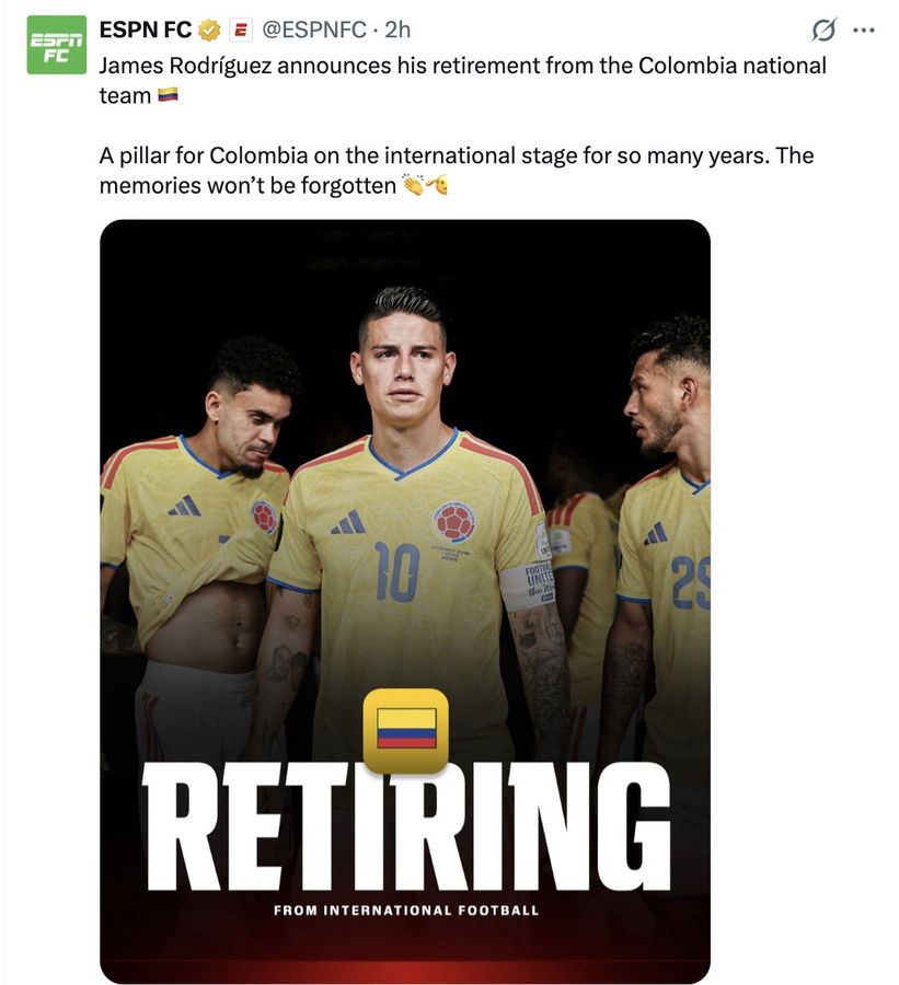 James Rodriguez announces his retirement from the Colombia national team

A pillar for Colombia on the international stage for so many years. The memories won't be forgotten