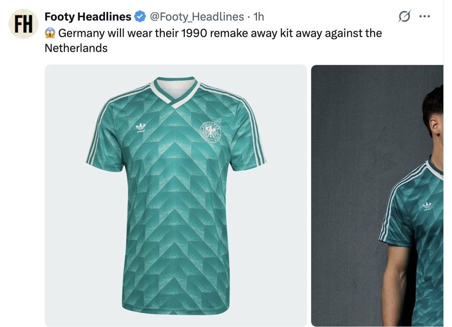😱 Germany will wear their 1990 remake away kit away against the Netherlands