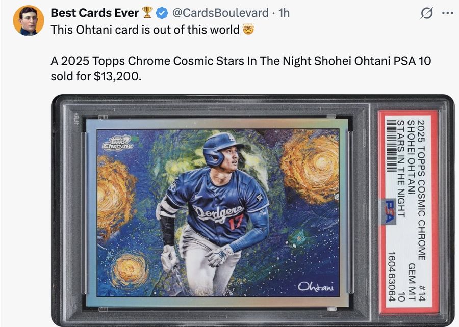This Ohtani card is out of this world 🤯

A 2025 Topps Chrome Cosmic Stars In The Night Shohei Ohtani PSA 10 sold for $13,200.