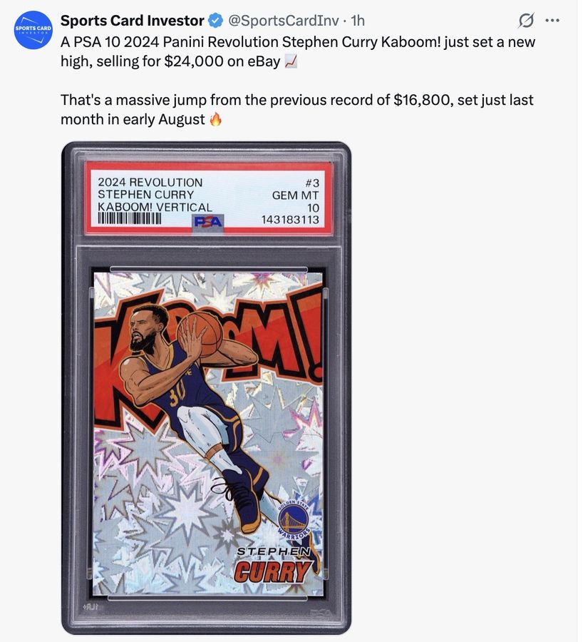 A PSA 10 2024 Panini Revolution Stephen Curry Kaboom! just set a new high, selling for $24,000 on eBay 📈

That's a massive jump from the previous record of $16,800, set just last month in early August 🔥
