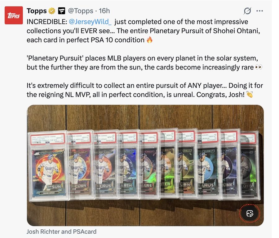 INCREDIBLE: @JerseyWild_ just completed one of the most impressive collections you'll EVER see... The entire Planetary Pursuit of Shohei Ohtani, each card in perfect PSA 10 condition 🔥

'Planetary Pursuit' places MLB players on every planet in the solar system, but the further they are from the sun, the cards become increasingly rare 👀

It's extremely difficult to collect an entire pursuit of ANY player... Doing it for the reigning NL MVP, all in perfect condition, is unreal. Congrats, Josh! 👏