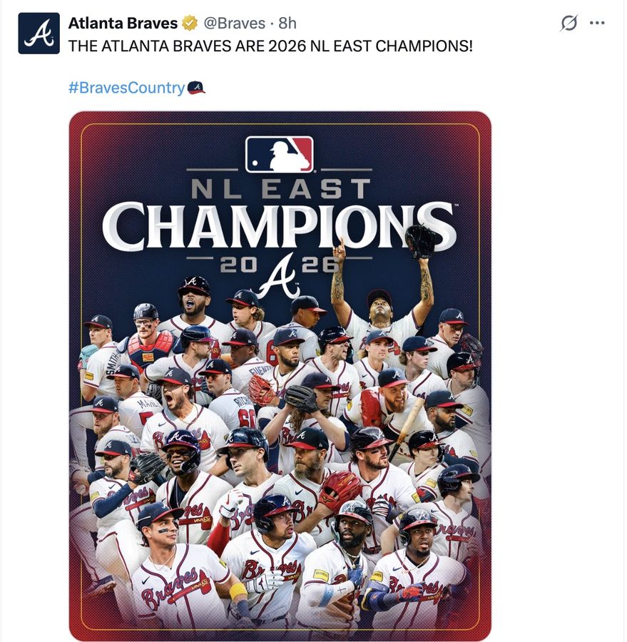 THE ATLANTA BRAVES ARE 2026 NL EAST CHAMPIONS!

#BravesCountry 🧢