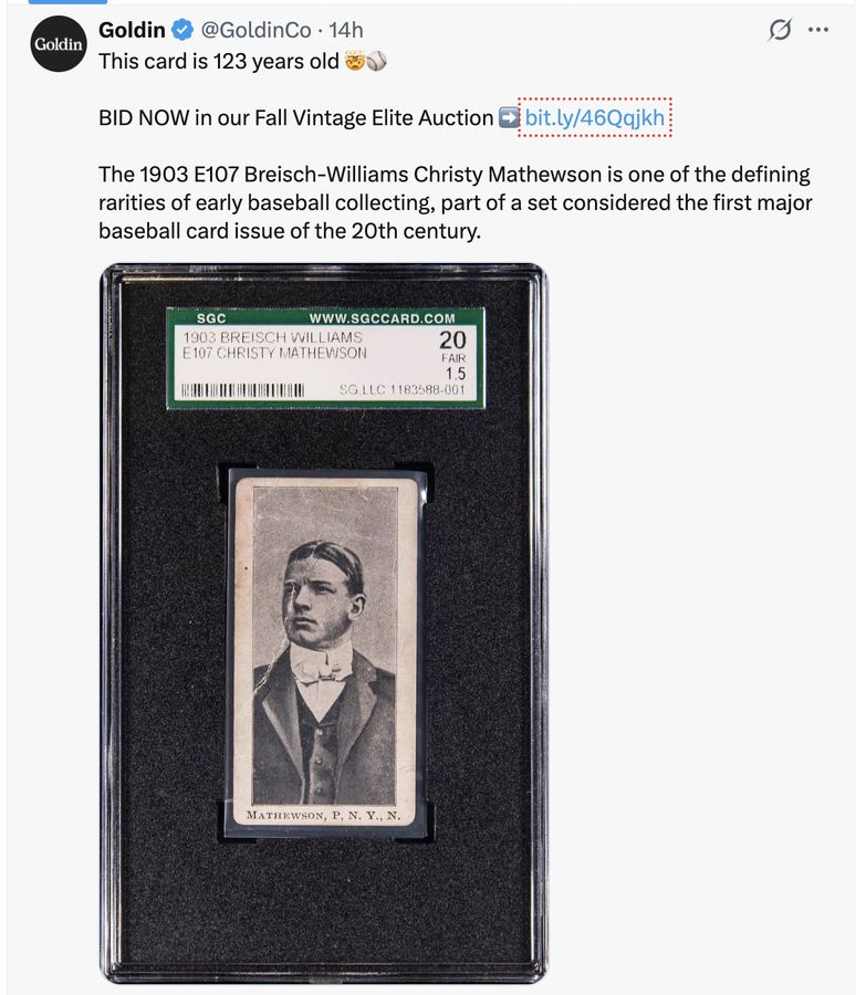This card is 123 years old 🤯⚾️

BID NOW in our Fall Vintage Elite Auction ➡️ bit.ly/46Qqjkh

The 1903 E107 Breisch-Williams Christy Mathewson is one of the defining rarities of early baseball collecting, part of a set considered the first major baseball card issue of the 20th century.