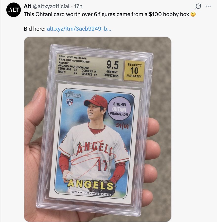This Ohtani card worth over 6 figures came from a $100 hobby box 😮

Bid here: alt.xyz/itm/3acb9249-b...