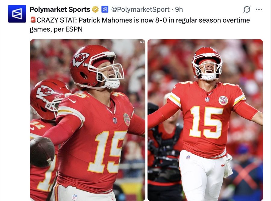 🚨CRAZY STAT: Patrick Mahomes is now 8-0 in regular season overtime games, per ESPN