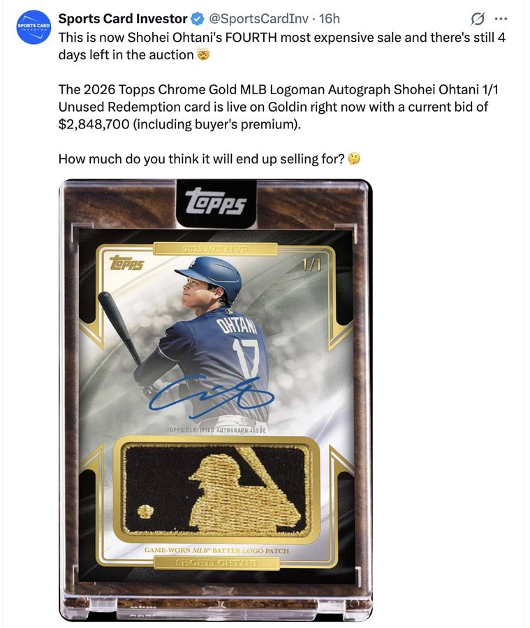This is now Shohei Ohtani's FOURTH most expensive sale and there's still 4 days left in the auction 🤯

The 2026 Topps Chrome Gold MLB Logoman Autograph Shohei Ohtani 1/1 Unused Redemption card is live on Goldin right now with a current bid of $2,848,700 (including buyer's premium).

How much do you think it will end up selling for? 🤔