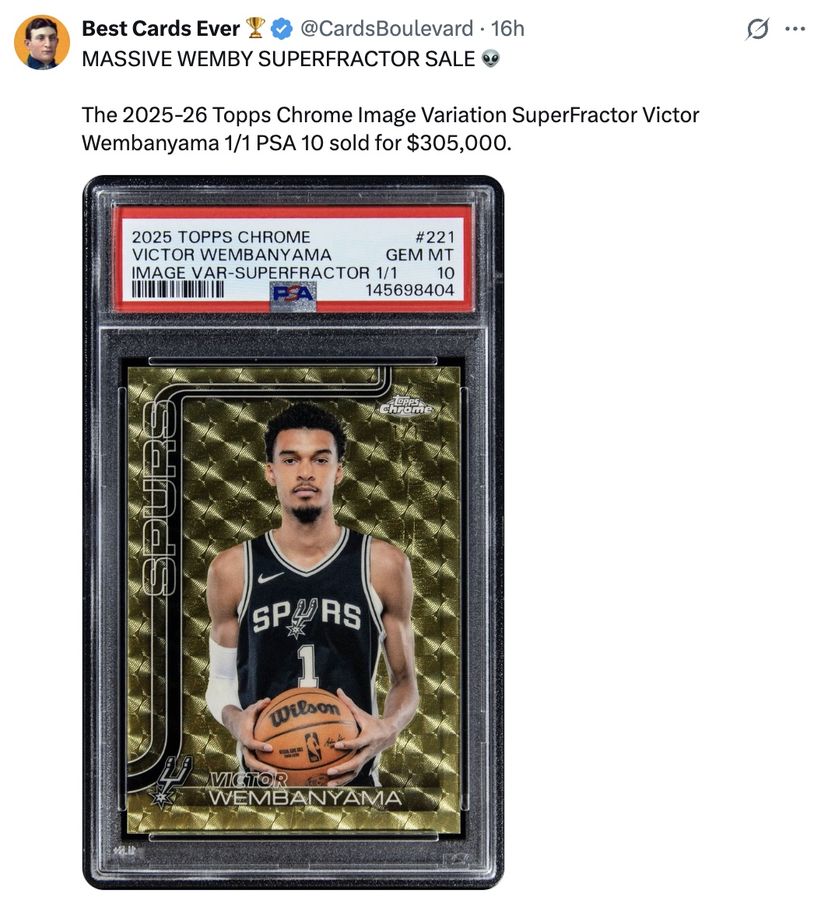 MASSIVE WEMBY SUPERFRACTOR SALE 👽

The 2025-26 Topps Chrome Image Variation SuperFractor Victor Wembanyama 1/1 PSA 10 sold for $305,000.