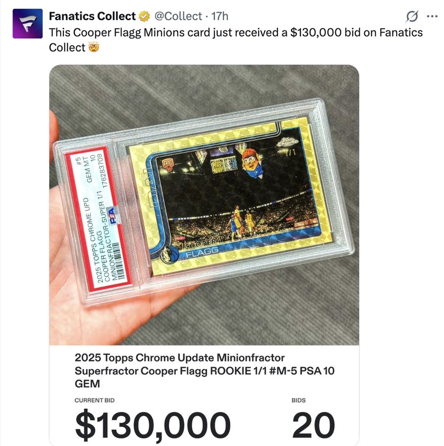 This Cooper Flagg Minions card just received a $130,000 bid on Fanatics Collect 🤯