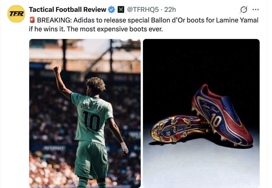 🚨 BREAKING: Adidas to release special Ballon d’Or boots for Lamine Yamal if he wins it. The most expensive boots ever.